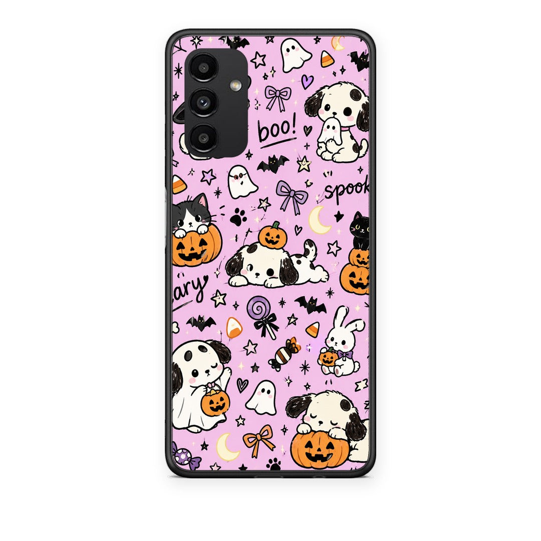 Θήκη Samsung Galaxy A04s Halloween Puppies and Friends on Lilac από τη Smartfits με σχέδιο στο πίσω μέρος και μαύρο περίβλημα | Samsung Galaxy A04s Halloween Puppies and Friends on Lilac case with colorful back and black bezels