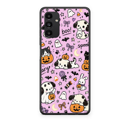 Θήκη Samsung Galaxy A04s Halloween Puppies and Friends on Lilac από τη Smartfits με σχέδιο στο πίσω μέρος και μαύρο περίβλημα | Samsung Galaxy A04s Halloween Puppies and Friends on Lilac case with colorful back and black bezels