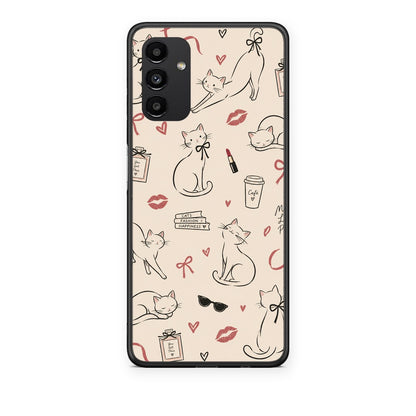 Θήκη Samsung Galaxy A04s Minimal Cat and Fashion Doodles on Cream από τη Smartfits με σχέδιο στο πίσω μέρος και μαύρο περίβλημα | Samsung Galaxy A04s Minimal Cat and Fashion Doodles on Cream case with colorful back and black bezels