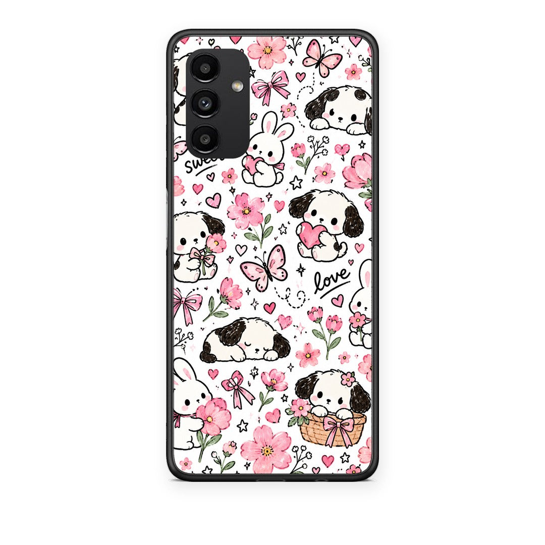 Θήκη Samsung Galaxy A13 5G Pink Florals Puppies and Bunnies on White από τη Smartfits με σχέδιο στο πίσω μέρος και μαύρο περίβλημα | Samsung Galaxy A13 5G Pink Florals Puppies and Bunnies on White case with colorful back and black bezels