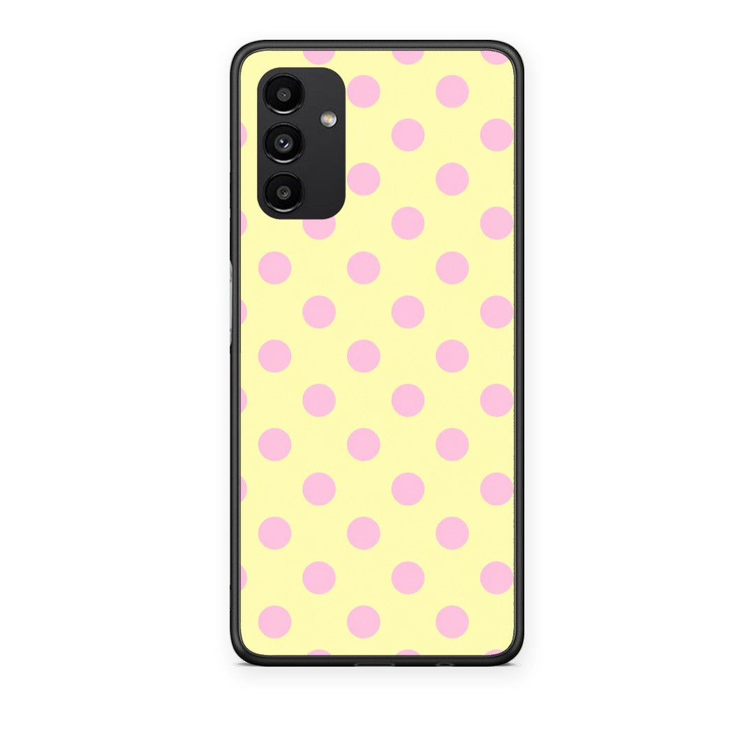 Θήκη Samsung Galaxy A04s Pink Polka Dots on Yellow από τη Smartfits με σχέδιο στο πίσω μέρος και μαύρο περίβλημα | Samsung Galaxy A04s Pink Polka Dots on Yellow case with colorful back and black bezels