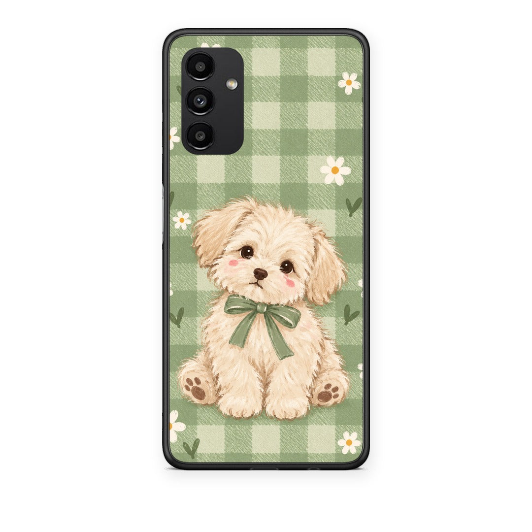 Θήκη Samsung Galaxy A13 5G Puppy and Daisies on Sage Gingham από τη Smartfits με σχέδιο στο πίσω μέρος και μαύρο περίβλημα | Samsung Galaxy A13 5G Puppy and Daisies on Sage Gingham case with colorful back and black bezels