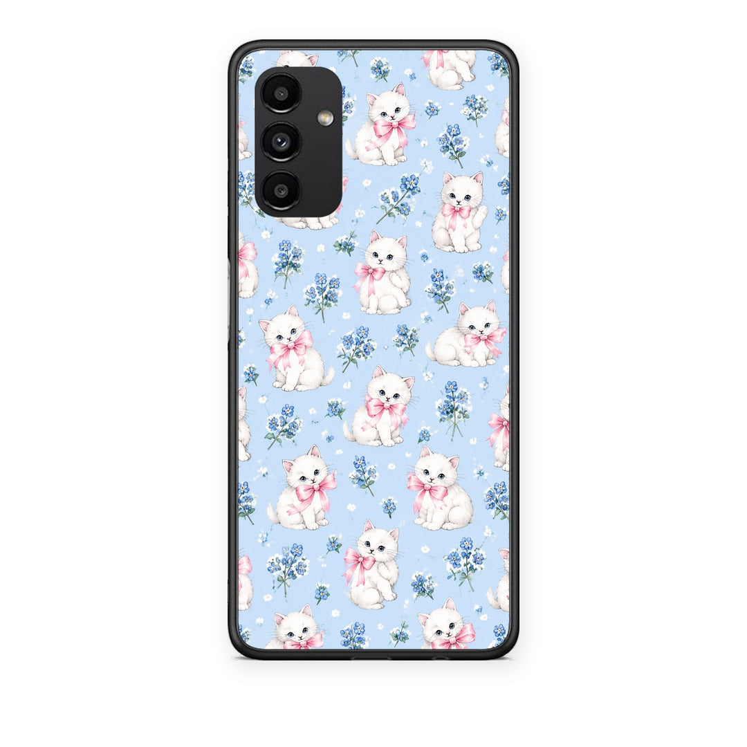 Θήκη Samsung Galaxy A04s White Kittens and Blue Flowers Small από τη Smartfits με σχέδιο στο πίσω μέρος και μαύρο περίβλημα | Samsung Galaxy A04s White Kittens and Blue Flowers Small case with colorful back and black bezels