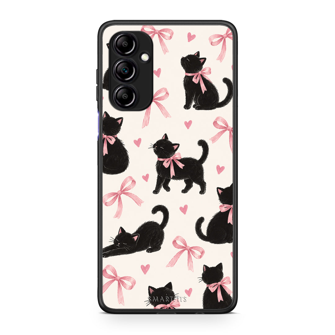 Θήκη Samsung Galaxy A14 / A14 5G Black Kittens and Pink Bows on Cream Large από τη Smartfits με σχέδιο στο πίσω μέρος και μαύρο περίβλημα | Samsung Galaxy A14 / A14 5G Black Kittens and Pink Bows on Cream Large case with colorful back and black bezels