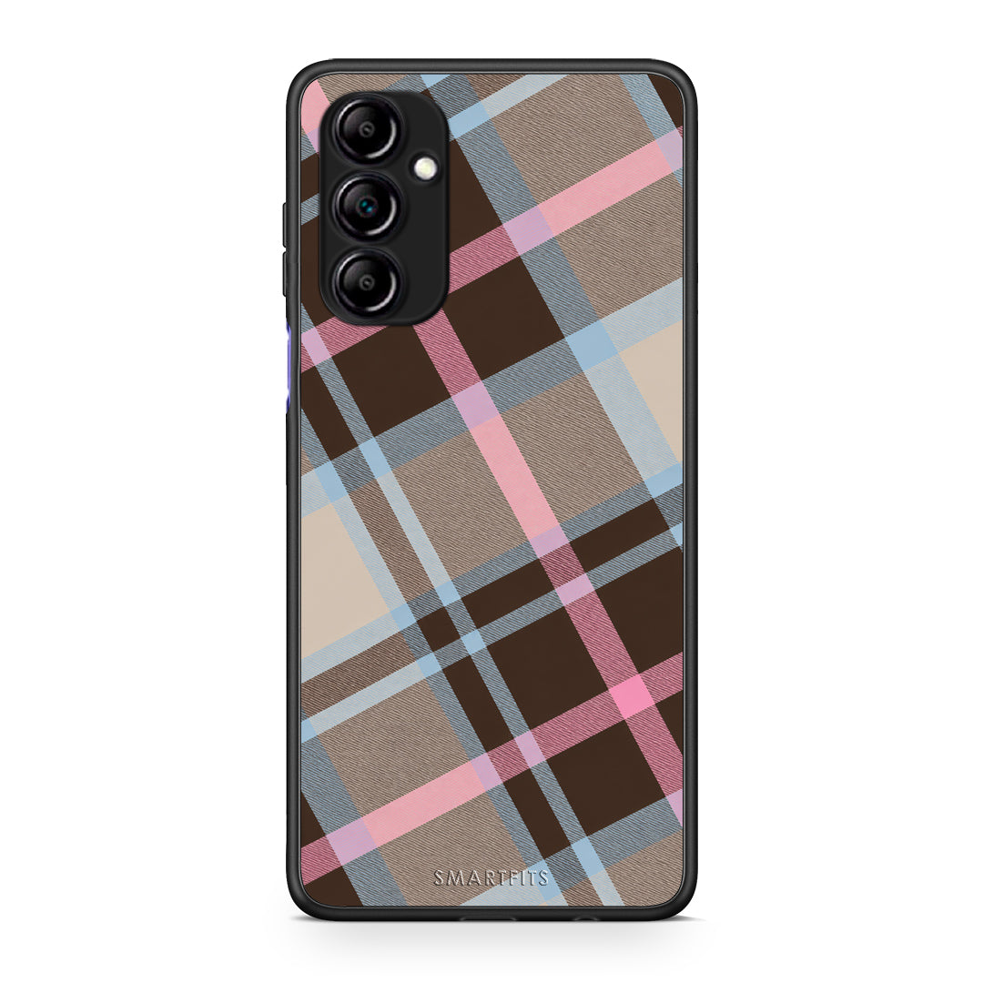 Θήκη Samsung Galaxy A14 / A14 5G Brown Pink and Blue Diagonal Plaid από τη Smartfits με σχέδιο στο πίσω μέρος και μαύρο περίβλημα | Samsung Galaxy A14 / A14 5G Brown Pink and Blue Diagonal Plaid case with colorful back and black bezels