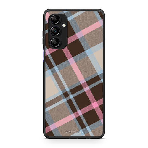 Θήκη Samsung Galaxy A14 / A14 5G Brown Pink and Blue Diagonal Plaid από τη Smartfits με σχέδιο στο πίσω μέρος και μαύρο περίβλημα | Samsung Galaxy A14 / A14 5G Brown Pink and Blue Diagonal Plaid case with colorful back and black bezels