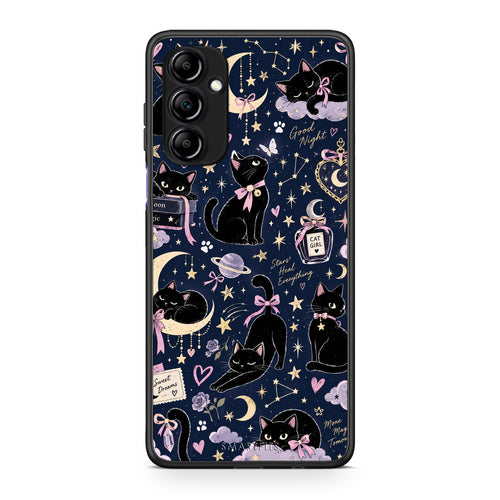 Θήκη Samsung Galaxy A14 / A14 5G Celestial Black Cats on Navy από τη Smartfits με σχέδιο στο πίσω μέρος και μαύρο περίβλημα | Samsung Galaxy A14 / A14 5G Celestial Black Cats on Navy case with colorful back and black bezels