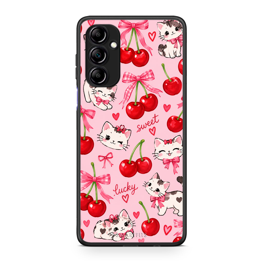 Θήκη Samsung Galaxy A14 / A14 5G Cherries Bows and Kittens on Pink από τη Smartfits με σχέδιο στο πίσω μέρος και μαύρο περίβλημα | Samsung Galaxy A14 / A14 5G Cherries Bows and Kittens on Pink case with colorful back and black bezels