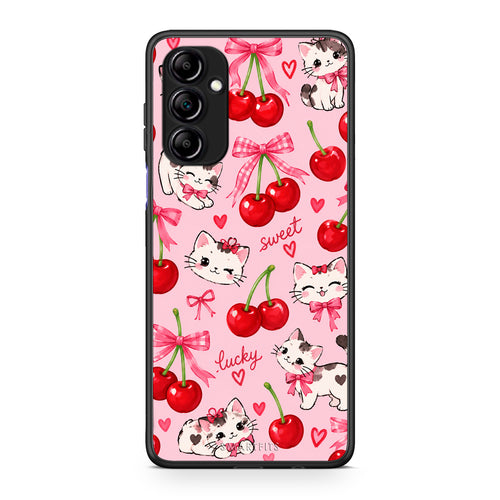 Θήκη Samsung Galaxy A14 / A14 5G Cherries Bows and Kittens on Pink από τη Smartfits με σχέδιο στο πίσω μέρος και μαύρο περίβλημα | Samsung Galaxy A14 / A14 5G Cherries Bows and Kittens on Pink case with colorful back and black bezels
