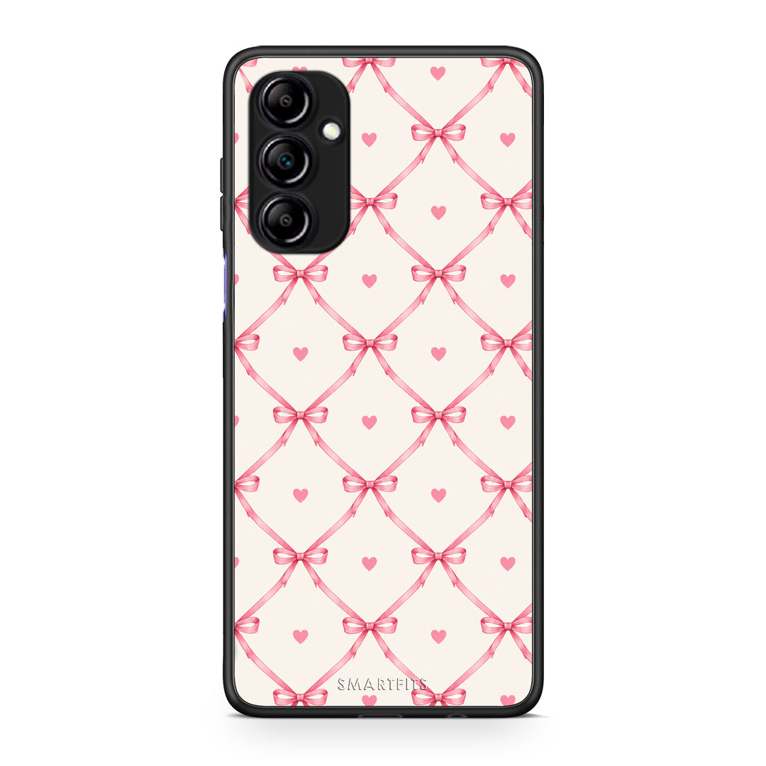 Θήκη Samsung Galaxy A14 / A14 5G Pink Bow Lattice and Hearts on Cream από τη Smartfits με σχέδιο στο πίσω μέρος και μαύρο περίβλημα | Samsung Galaxy A14 / A14 5G Pink Bow Lattice and Hearts on Cream case with colorful back and black bezels