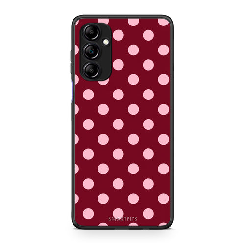 Θήκη Samsung Galaxy A14 / A14 5G Pink Polka Dots on Burgundy από τη Smartfits με σχέδιο στο πίσω μέρος και μαύρο περίβλημα | Samsung Galaxy A14 / A14 5G Pink Polka Dots on Burgundy case with colorful back and black bezels