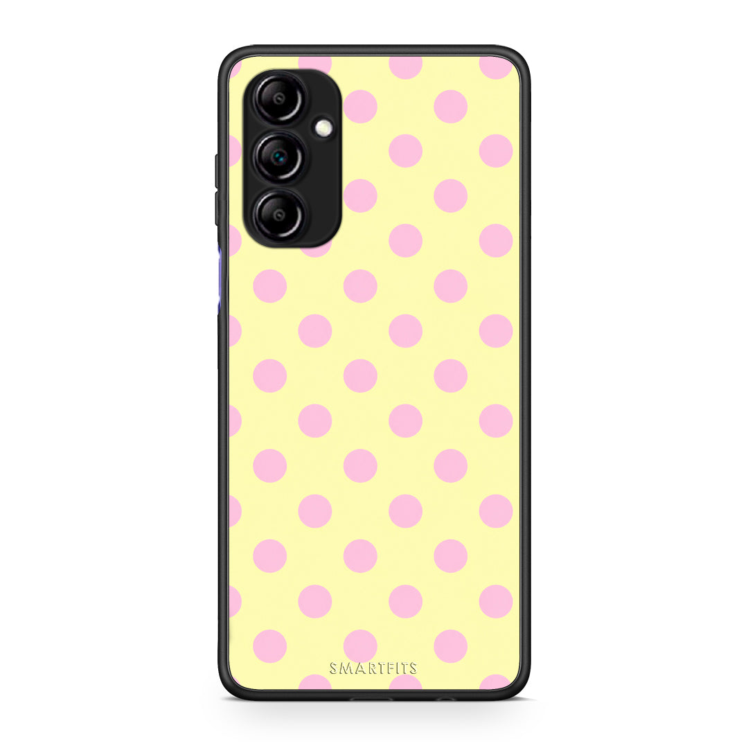 Θήκη Samsung Galaxy A14 / A14 5G Pink Polka Dots on Yellow από τη Smartfits με σχέδιο στο πίσω μέρος και μαύρο περίβλημα | Samsung Galaxy A14 / A14 5G Pink Polka Dots on Yellow case with colorful back and black bezels