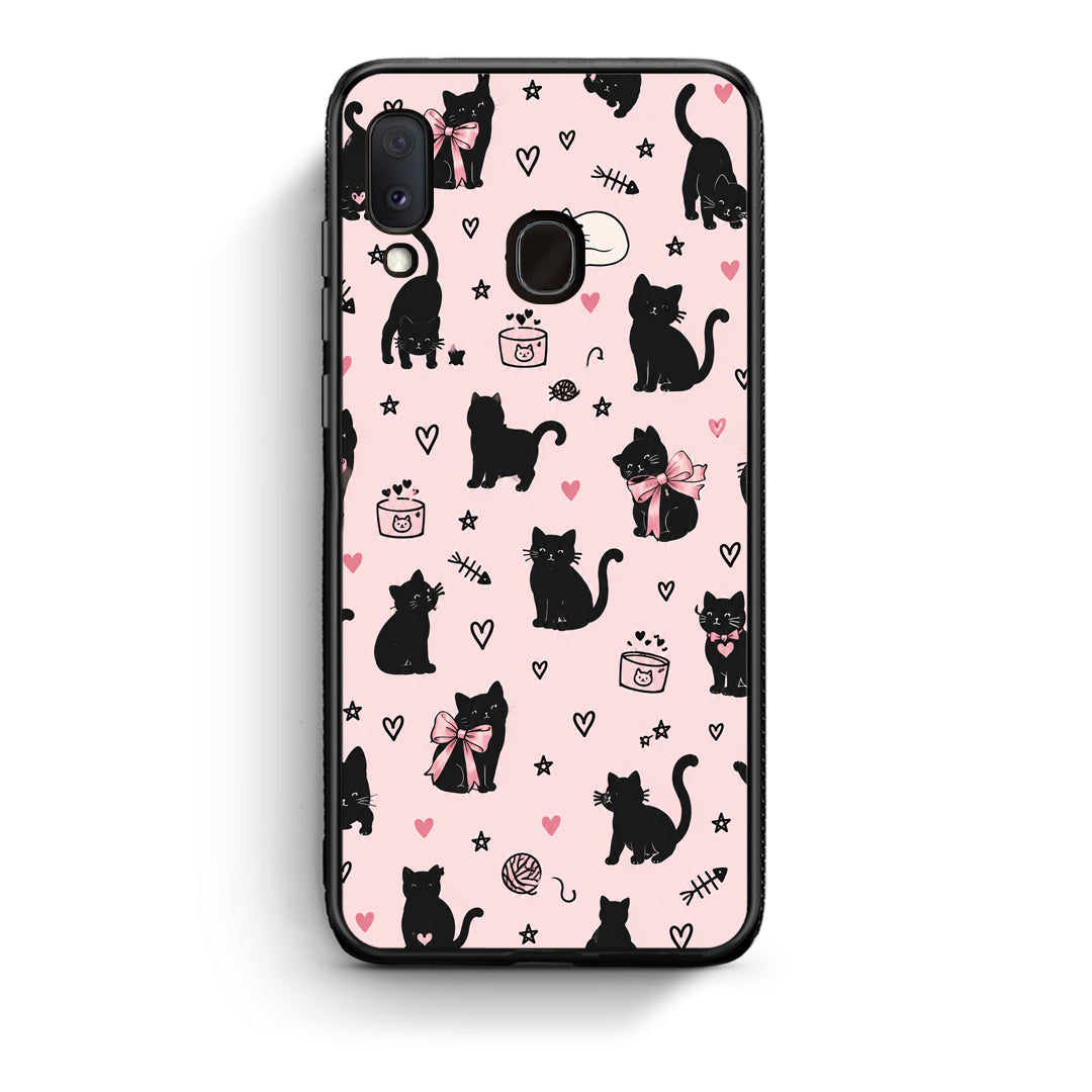 Θήκη Samsung Galaxy A20e Black Cat Doodles on Pink από τη Smartfits με σχέδιο στο πίσω μέρος και μαύρο περίβλημα | Samsung Galaxy A20e Black Cat Doodles on Pink case with colorful back and black bezels