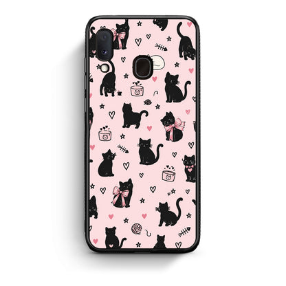 Θήκη Samsung Galaxy A20e Black Cat Doodles on Pink από τη Smartfits με σχέδιο στο πίσω μέρος και μαύρο περίβλημα | Samsung Galaxy A20e Black Cat Doodles on Pink case with colorful back and black bezels