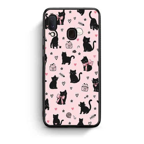 Θήκη Samsung Galaxy A20e Black Cat Doodles on Pink από τη Smartfits με σχέδιο στο πίσω μέρος και μαύρο περίβλημα | Samsung Galaxy A20e Black Cat Doodles on Pink case with colorful back and black bezels