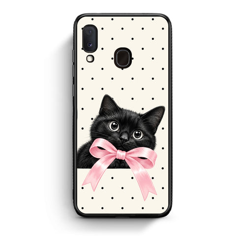 Θήκη Samsung Galaxy A20e Black Kitten Pink Bow and Polka Dots από τη Smartfits με σχέδιο στο πίσω μέρος και μαύρο περίβλημα | Samsung Galaxy A20e Black Kitten Pink Bow and Polka Dots case with colorful back and black bezels