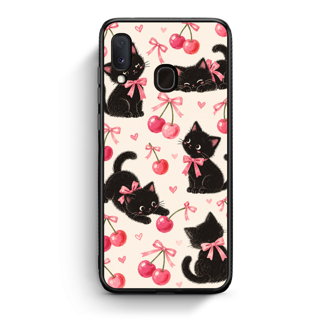 Θήκη Samsung Galaxy A20e Black Kittens and Cherries on Cream από τη Smartfits με σχέδιο στο πίσω μέρος και μαύρο περίβλημα | Samsung Galaxy A20e Black Kittens and Cherries on Cream case with colorful back and black bezels