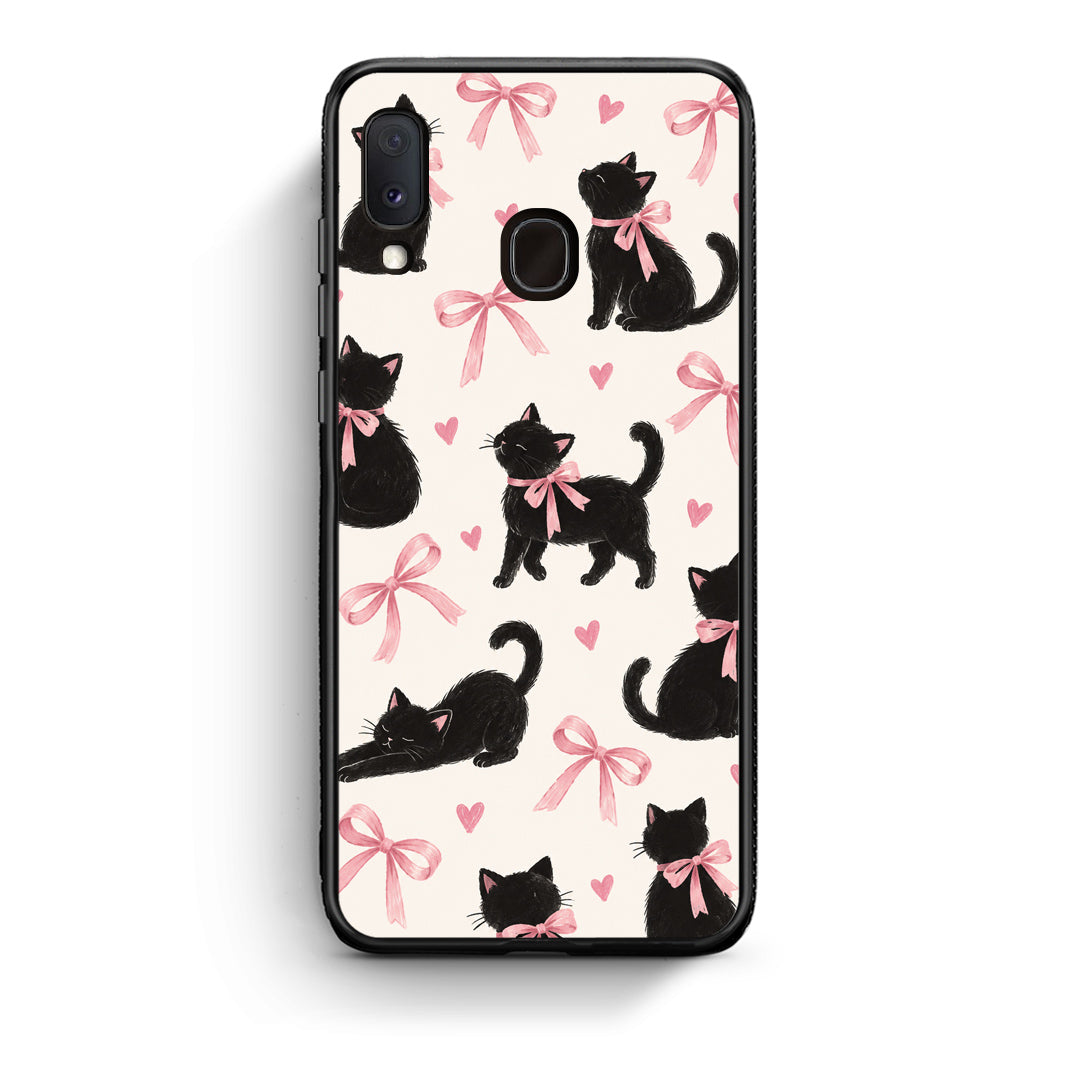 Θήκη Samsung Galaxy A20e Black Kittens and Pink Bows on Cream Large από τη Smartfits με σχέδιο στο πίσω μέρος και μαύρο περίβλημα | Samsung Galaxy A20e Black Kittens and Pink Bows on Cream Large case with colorful back and black bezels