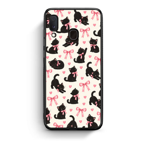 Θήκη Samsung Galaxy A20e Black Kittens and Pink Bows on Cream Small από τη Smartfits με σχέδιο στο πίσω μέρος και μαύρο περίβλημα | Samsung Galaxy A20e Black Kittens and Pink Bows on Cream Small case with colorful back and black bezels