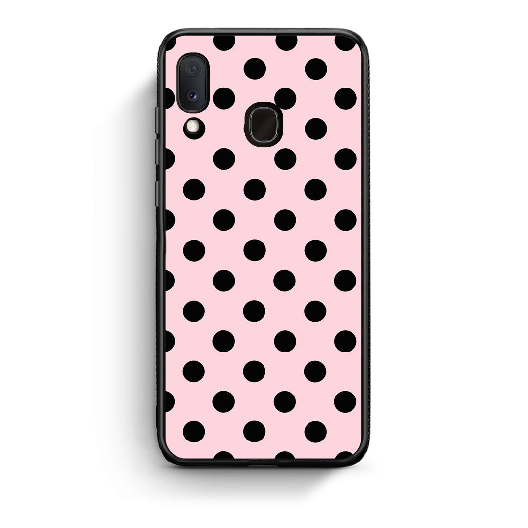 Θήκη Samsung Galaxy A20e Black Polka Dots on Pink από τη Smartfits με σχέδιο στο πίσω μέρος και μαύρο περίβλημα | Samsung Galaxy A20e Black Polka Dots on Pink case with colorful back and black bezels