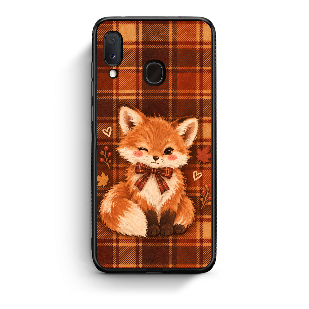Θήκη Samsung Galaxy A20e Fox on Autumn Tartan από τη Smartfits με σχέδιο στο πίσω μέρος και μαύρο περίβλημα | Samsung Galaxy A20e Fox on Autumn Tartan case with colorful back and black bezels