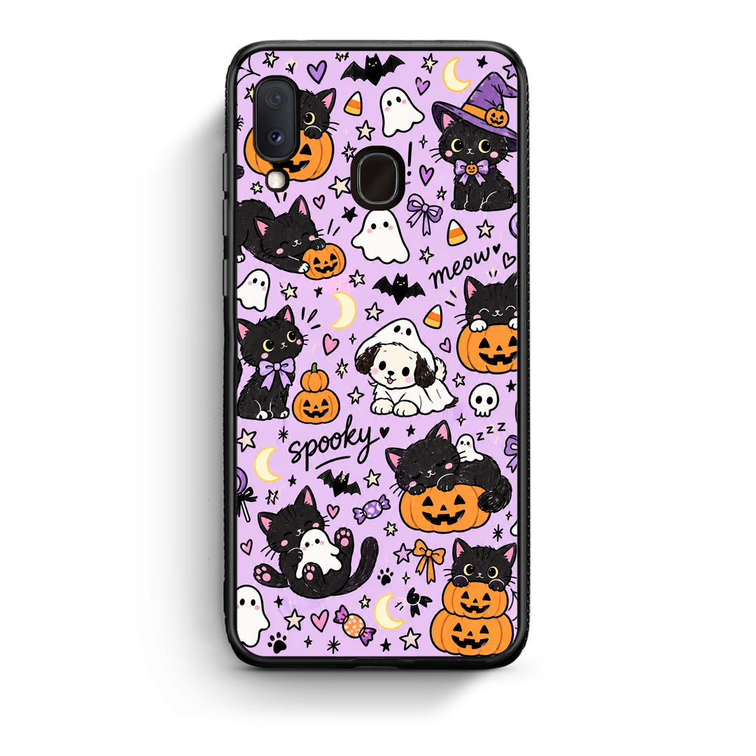 Θήκη Samsung Galaxy A20e Halloween Black Cats on Lilac από τη Smartfits με σχέδιο στο πίσω μέρος και μαύρο περίβλημα | Samsung Galaxy A20e Halloween Black Cats on Lilac case with colorful back and black bezels