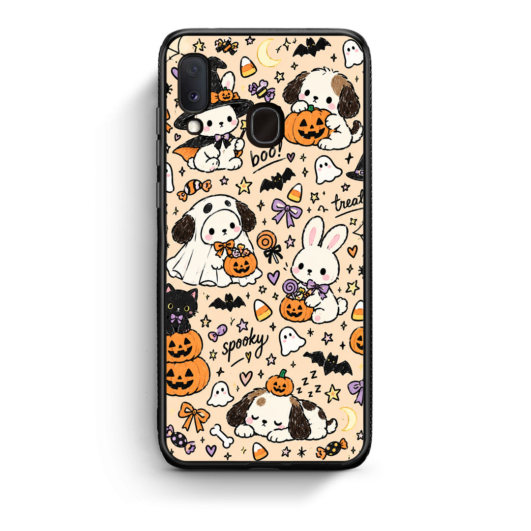 Θήκη Samsung Galaxy A20e Halloween Puppies and Friends on Cream από τη Smartfits με σχέδιο στο πίσω μέρος και μαύρο περίβλημα | Samsung Galaxy A20e Halloween Puppies and Friends on Cream case with colorful back and black bezels