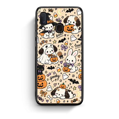 Θήκη Samsung Galaxy A20e Halloween Puppies and Friends on Cream από τη Smartfits με σχέδιο στο πίσω μέρος και μαύρο περίβλημα | Samsung Galaxy A20e Halloween Puppies and Friends on Cream case with colorful back and black bezels