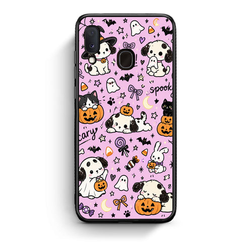 Θήκη Samsung Galaxy A30 Halloween Puppies and Friends on Lilac από τη Smartfits με σχέδιο στο πίσω μέρος και μαύρο περίβλημα | Samsung Galaxy A30 Halloween Puppies and Friends on Lilac case with colorful back and black bezels