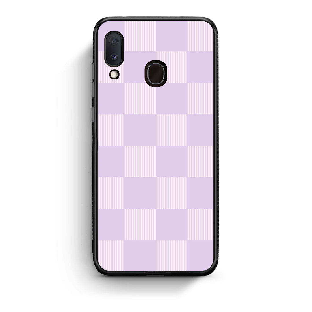 Θήκη Samsung Galaxy A30 Lilac and Cream Striped Checks από τη Smartfits με σχέδιο στο πίσω μέρος και μαύρο περίβλημα | Samsung Galaxy A30 Lilac and Cream Striped Checks case with colorful back and black bezels