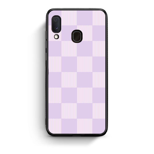 Θήκη Samsung Galaxy A30 Lilac and Cream Striped Checks από τη Smartfits με σχέδιο στο πίσω μέρος και μαύρο περίβλημα | Samsung Galaxy A30 Lilac and Cream Striped Checks case with colorful back and black bezels