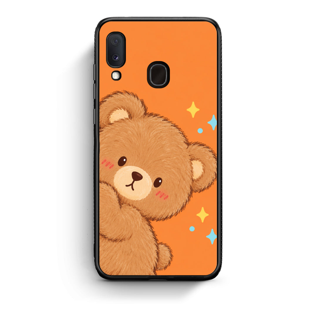 Θήκη Samsung Galaxy A30 Peekaboo Teddy on Orange από τη Smartfits με σχέδιο στο πίσω μέρος και μαύρο περίβλημα | Samsung Galaxy A30 Peekaboo Teddy on Orange case with colorful back and black bezels