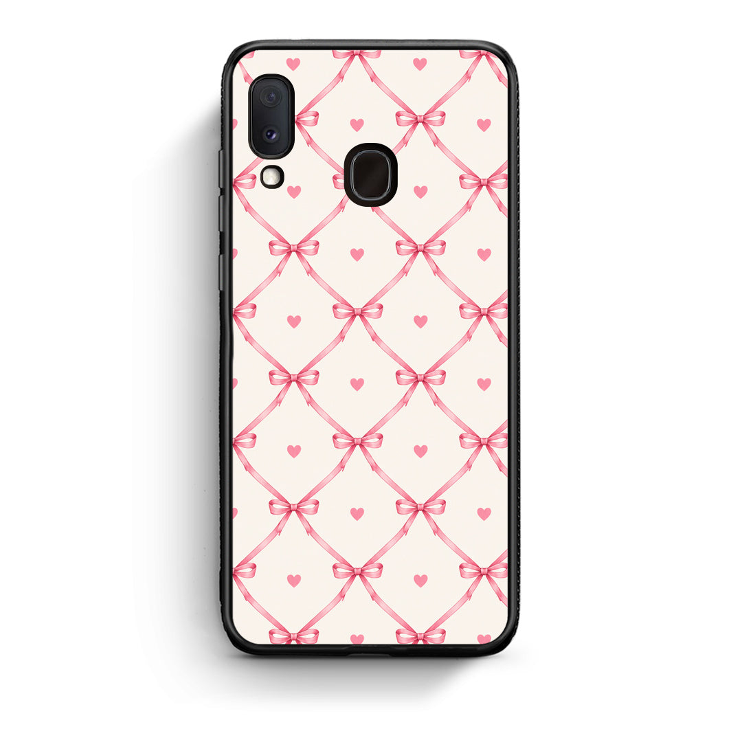 Θήκη Samsung Galaxy A30 Pink Bow Lattice and Hearts on Cream από τη Smartfits με σχέδιο στο πίσω μέρος και μαύρο περίβλημα | Samsung Galaxy A30 Pink Bow Lattice and Hearts on Cream case with colorful back and black bezels