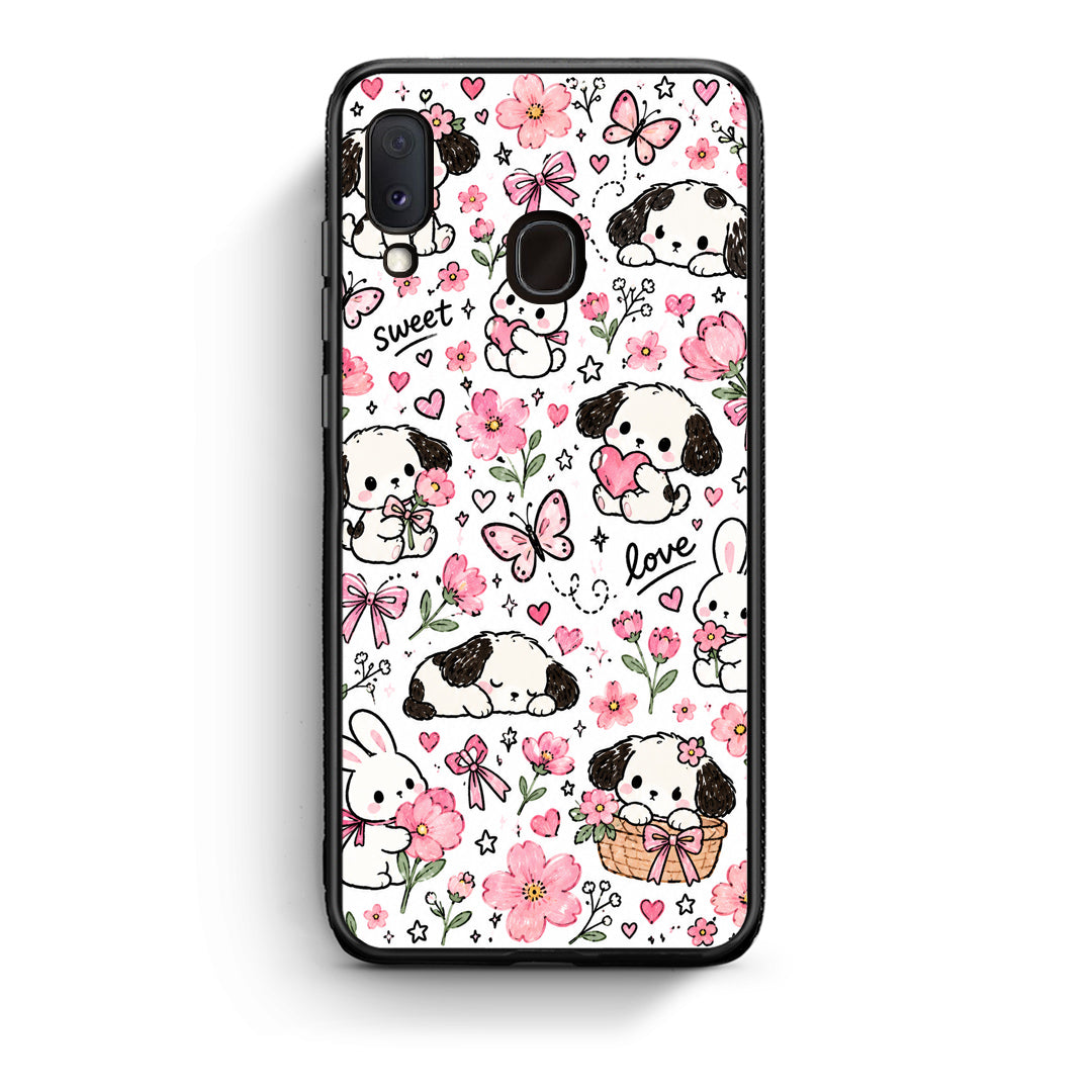 Θήκη Samsung Galaxy A30 Pink Florals Puppies and Bunnies on White από τη Smartfits με σχέδιο στο πίσω μέρος και μαύρο περίβλημα | Samsung Galaxy A30 Pink Florals Puppies and Bunnies on White case with colorful back and black bezels