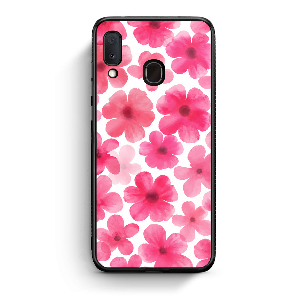 Θήκη Samsung Galaxy A30 Pink Watercolour Flowers on White από τη Smartfits με σχέδιο στο πίσω μέρος και μαύρο περίβλημα | Samsung Galaxy A30 Pink Watercolour Flowers on White case with colorful back and black bezels
