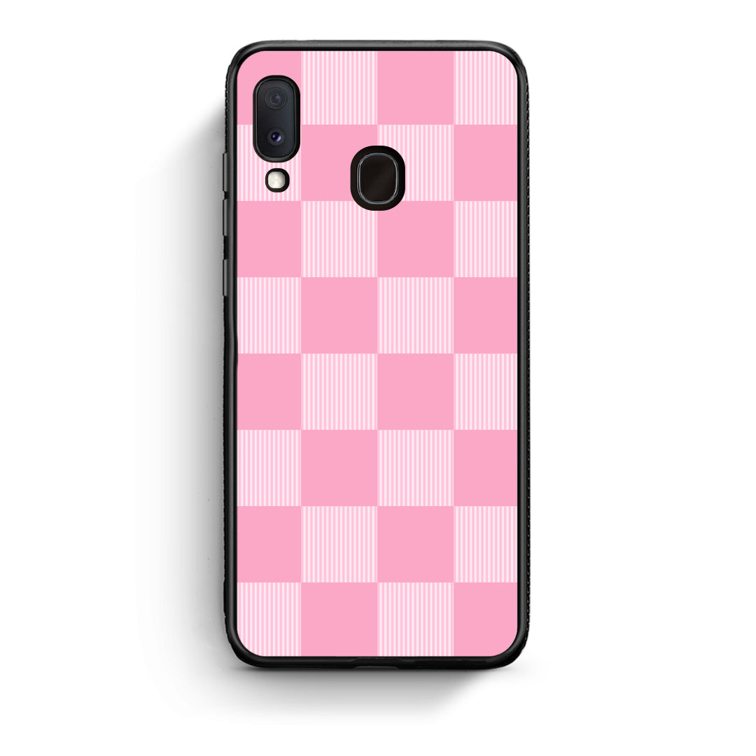 Θήκη Samsung Galaxy A30 Pink and White Striped Checks από τη Smartfits με σχέδιο στο πίσω μέρος και μαύρο περίβλημα | Samsung Galaxy A30 Pink and White Striped Checks case with colorful back and black bezels