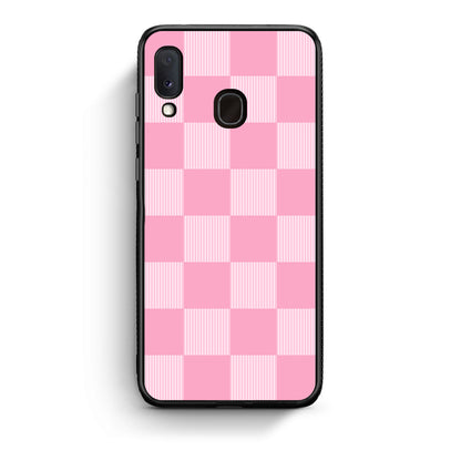 Θήκη Samsung Galaxy A30 Pink and White Striped Checks από τη Smartfits με σχέδιο στο πίσω μέρος και μαύρο περίβλημα | Samsung Galaxy A30 Pink and White Striped Checks case with colorful back and black bezels