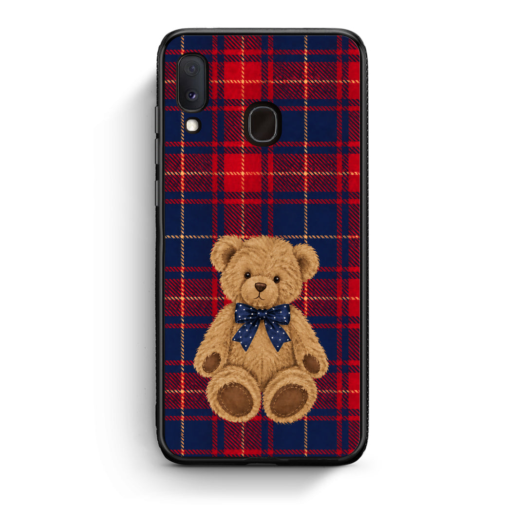 Θήκη Samsung Galaxy A30 Teddy Bear on Red and Navy Tartan από τη Smartfits με σχέδιο στο πίσω μέρος και μαύρο περίβλημα | Samsung Galaxy A30 Teddy Bear on Red and Navy Tartan case with colorful back and black bezels