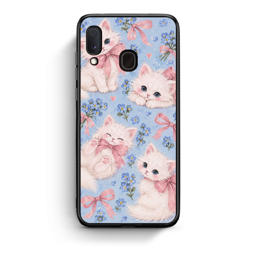 Θήκη Samsung Galaxy A30 White Kittens and Blue Flowers Large από τη Smartfits με σχέδιο στο πίσω μέρος και μαύρο περίβλημα | Samsung Galaxy A30 White Kittens and Blue Flowers Large case with colorful back and black bezels