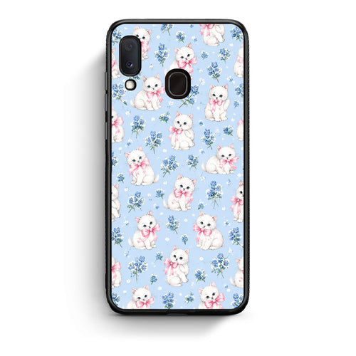 Θήκη Samsung Galaxy A30 White Kittens and Blue Flowers Small από τη Smartfits με σχέδιο στο πίσω μέρος και μαύρο περίβλημα | Samsung Galaxy A30 White Kittens and Blue Flowers Small case with colorful back and black bezels