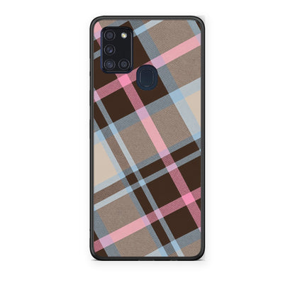 Θήκη Samsung Galaxy A21s Brown Pink and Blue Diagonal Plaid από τη Smartfits με σχέδιο στο πίσω μέρος και μαύρο περίβλημα | Samsung Galaxy A21s Brown Pink and Blue Diagonal Plaid case with colorful back and black bezels