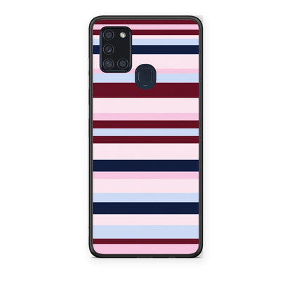 Θήκη Samsung Galaxy A21s Burgundy Pink and Blue Horizontal Stripes από τη Smartfits με σχέδιο στο πίσω μέρος και μαύρο περίβλημα | Samsung Galaxy A21s Burgundy Pink and Blue Horizontal Stripes case with colorful back and black bezels