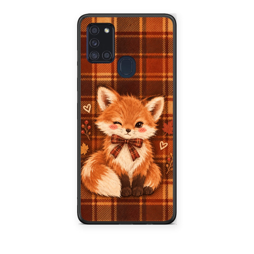 Θήκη Samsung Galaxy A21s Fox on Autumn Tartan από τη Smartfits με σχέδιο στο πίσω μέρος και μαύρο περίβλημα | Samsung Galaxy A21s Fox on Autumn Tartan case with colorful back and black bezels