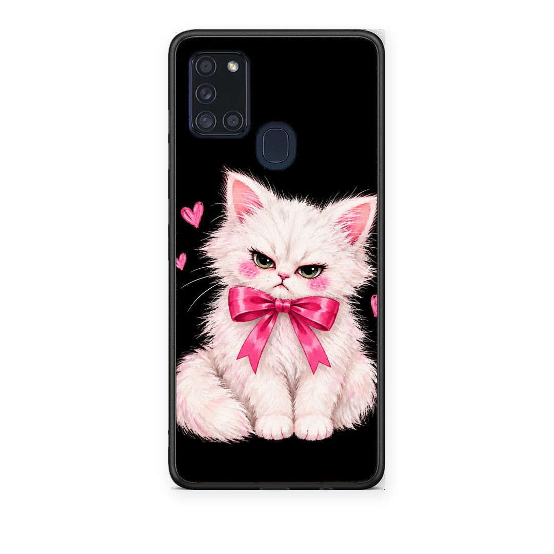 Θήκη Samsung Galaxy A21s Grumpy Party Kitten on Black από τη Smartfits με σχέδιο στο πίσω μέρος και μαύρο περίβλημα | Samsung Galaxy A21s Grumpy Party Kitten on Black case with colorful back and black bezels