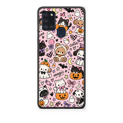 Θήκη Samsung Galaxy A21s Halloween Cute Animals on Pink από τη Smartfits με σχέδιο στο πίσω μέρος και μαύρο περίβλημα | Samsung Galaxy A21s Halloween Cute Animals on Pink case with colorful back and black bezels