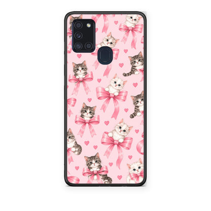 Θήκη Samsung Galaxy A21s Kittens and Pink Bows on Pink από τη Smartfits με σχέδιο στο πίσω μέρος και μαύρο περίβλημα | Samsung Galaxy A21s Kittens and Pink Bows on Pink case with colorful back and black bezels