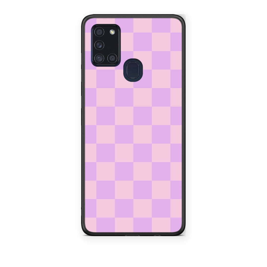 Θήκη Samsung Galaxy A21s Lavender and Pink Checkerboard από τη Smartfits με σχέδιο στο πίσω μέρος και μαύρο περίβλημα | Samsung Galaxy A21s Lavender and Pink Checkerboard case with colorful back and black bezels