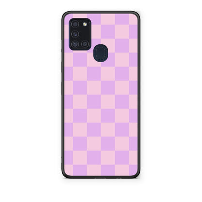 Θήκη Samsung Galaxy A21s Lavender and Pink Checkerboard από τη Smartfits με σχέδιο στο πίσω μέρος και μαύρο περίβλημα | Samsung Galaxy A21s Lavender and Pink Checkerboard case with colorful back and black bezels
