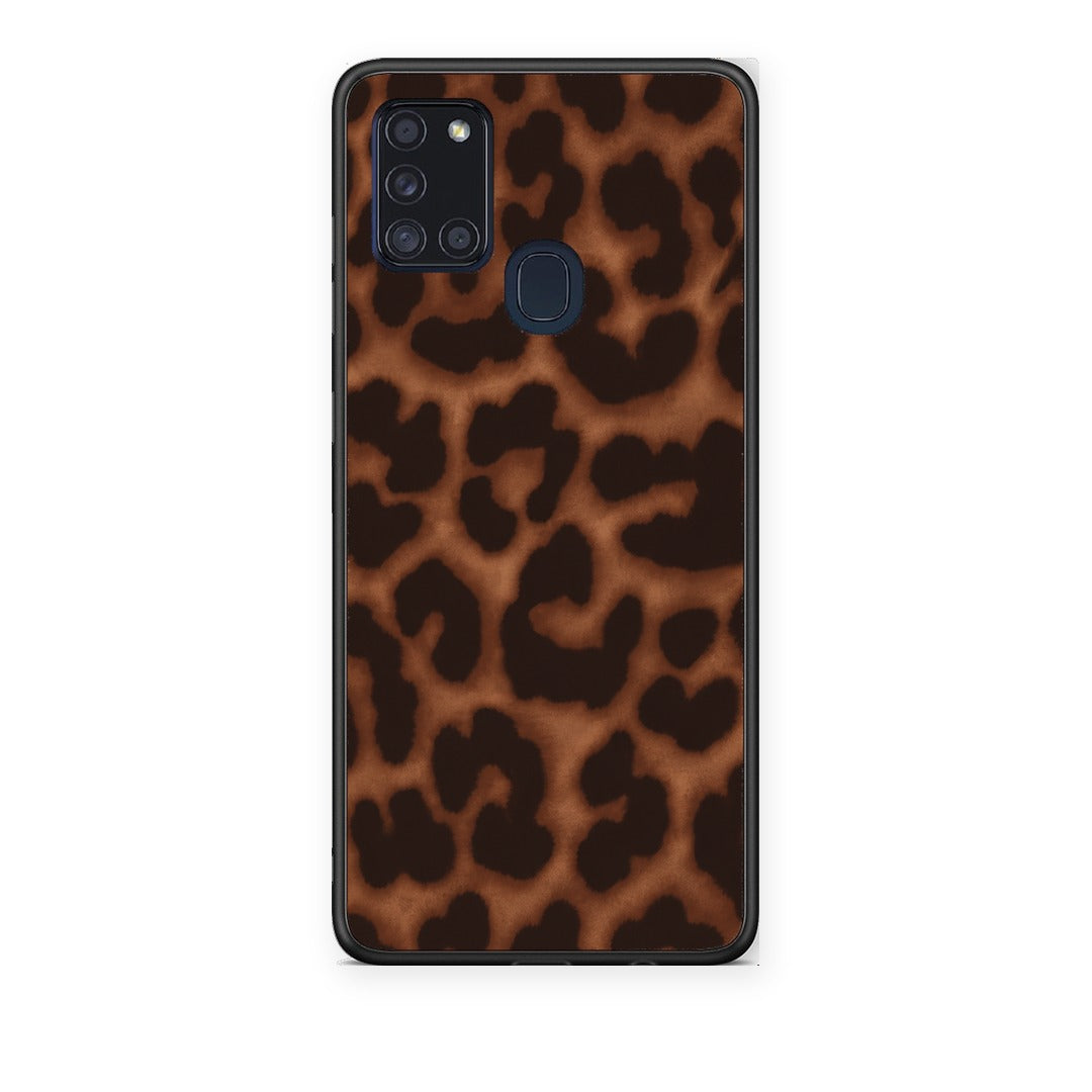 Θήκη Samsung Galaxy A21s Leopard Print Dark Brown από τη Smartfits με σχέδιο στο πίσω μέρος και μαύρο περίβλημα | Samsung Galaxy A21s Leopard Print Dark Brown case with colorful back and black bezels