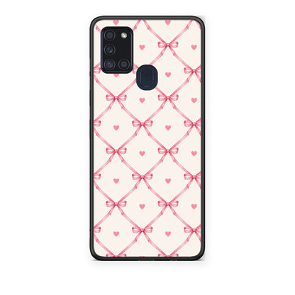 Θήκη Samsung Galaxy A21s Pink Bow Lattice and Hearts on Cream από τη Smartfits με σχέδιο στο πίσω μέρος και μαύρο περίβλημα | Samsung Galaxy A21s Pink Bow Lattice and Hearts on Cream case with colorful back and black bezels
